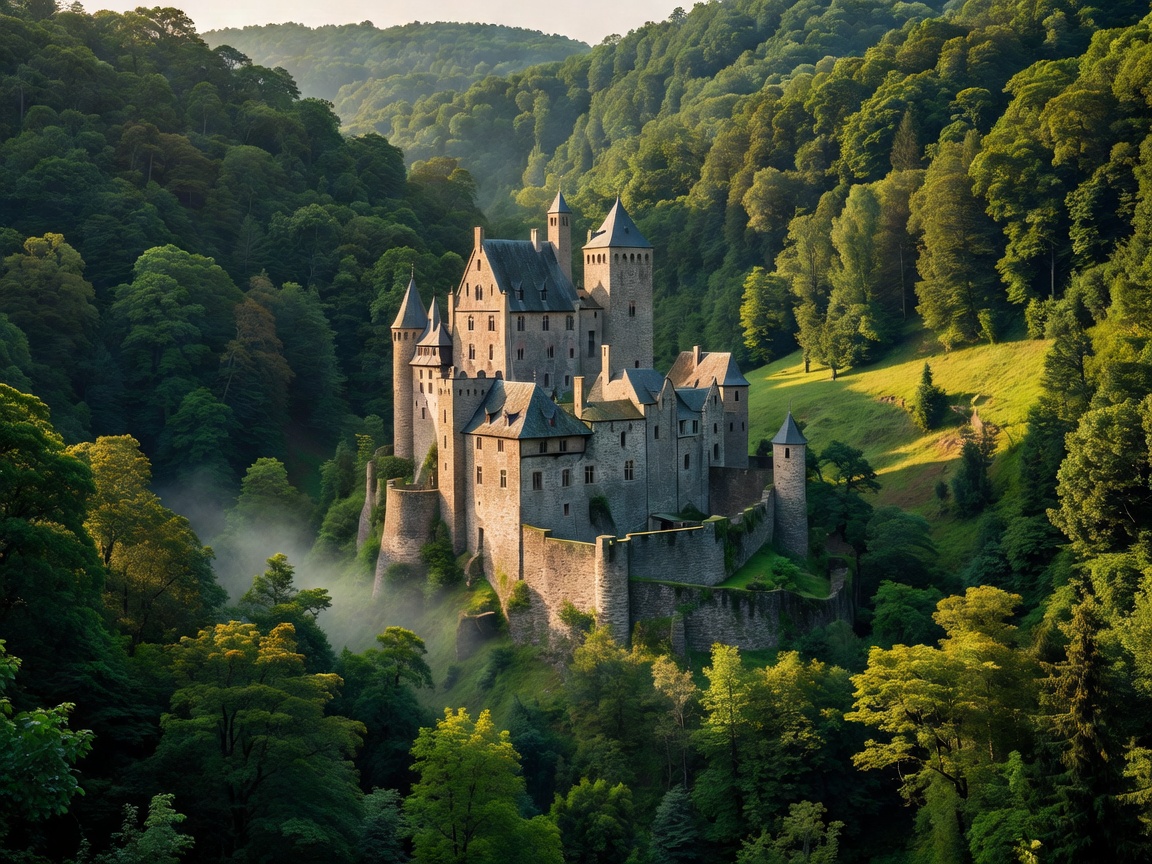 Burg Eltz medieval castle surrounded by dense green forest valley