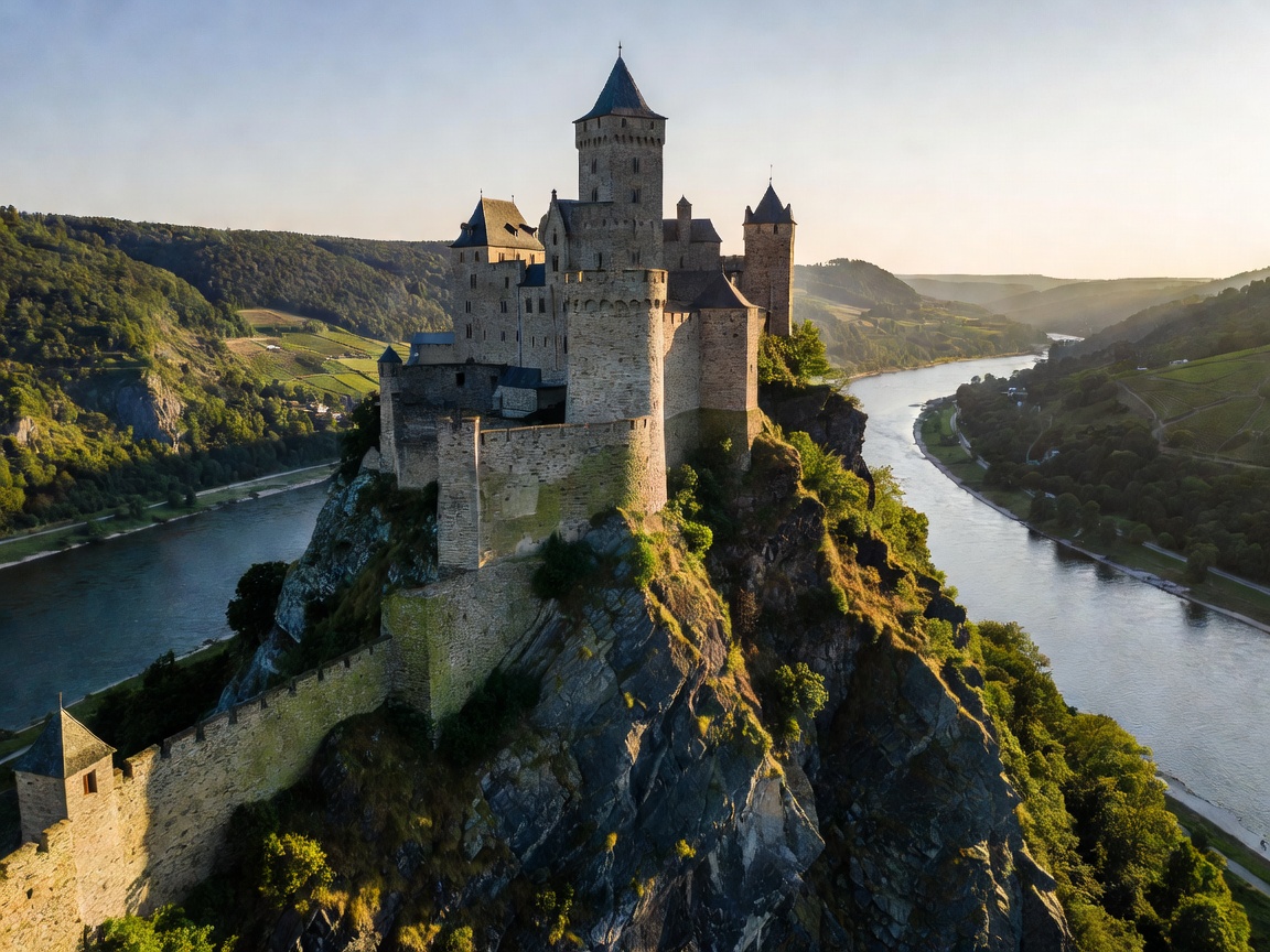 Marksburg Castle standing atop a high cliff above the Rhine River