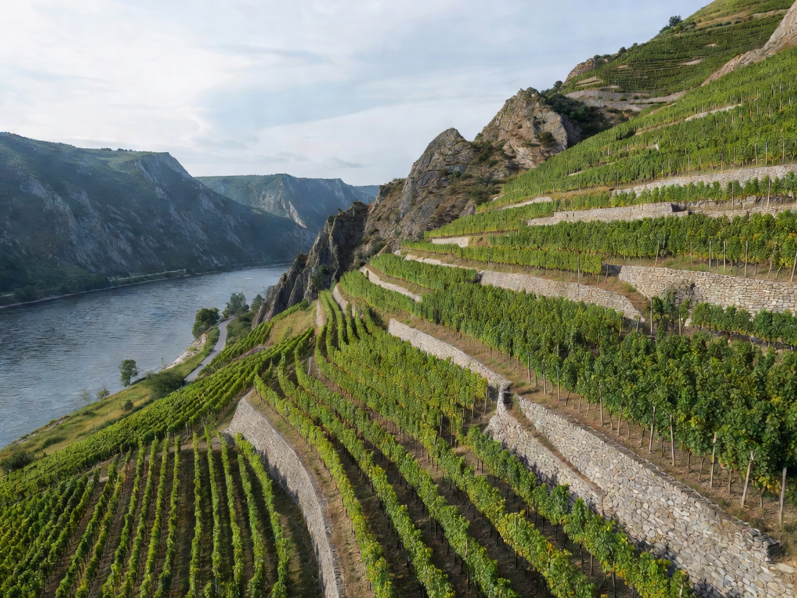 Steep terraced Riesling vineyards rising above the Rhine river gorge
